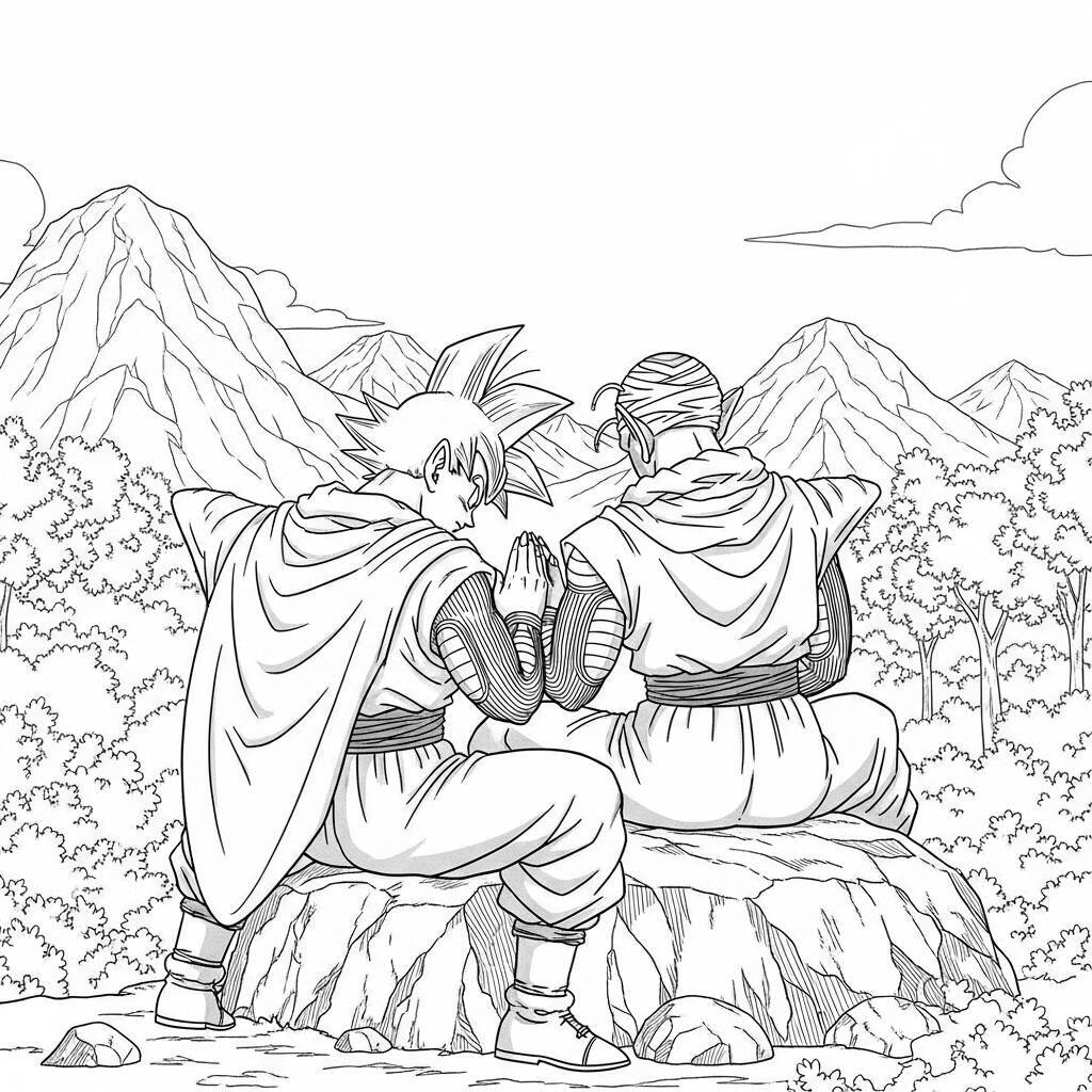 Imagem de Goku e Piccolo meditando em uma montanha para colorir.