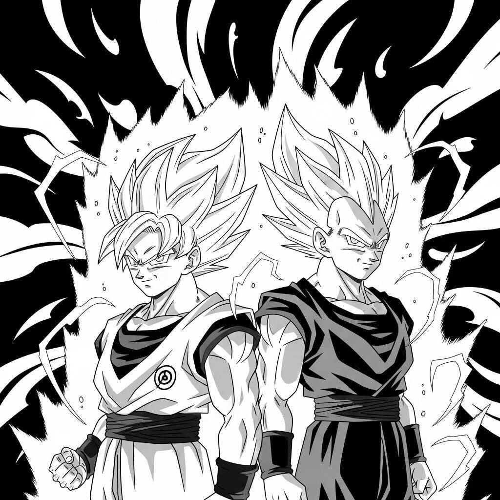 Imagem em preto e branco de Goku e Vegeta transformados em Super Saiyan, prontos para colorir.