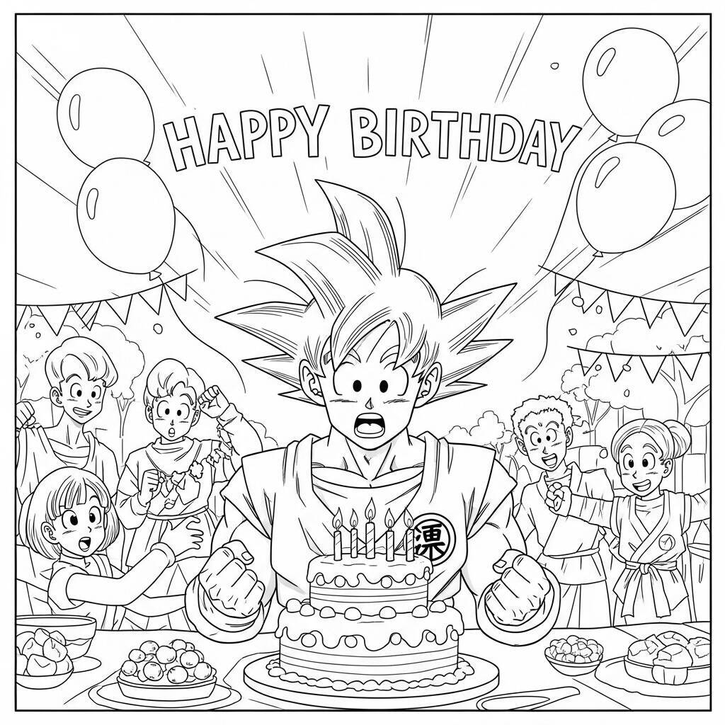 Imagem de Goku em uma festa de aniversário com um bolo e convidados ao redor.