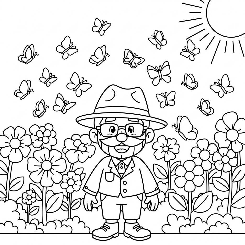 Desenho de Goku em um jardim com flores e borboletas para colorir