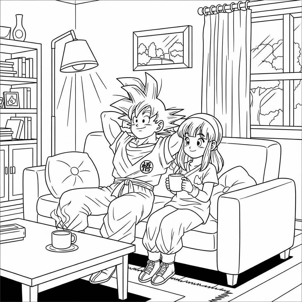 Imagem de Goku sentado em um sofá ao lado de uma amiga, ambos relaxando em casa.
