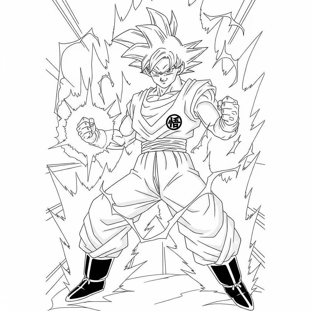 Imagem para colorir de Goku em forma Super Saiyan com aura de energia ao redor.