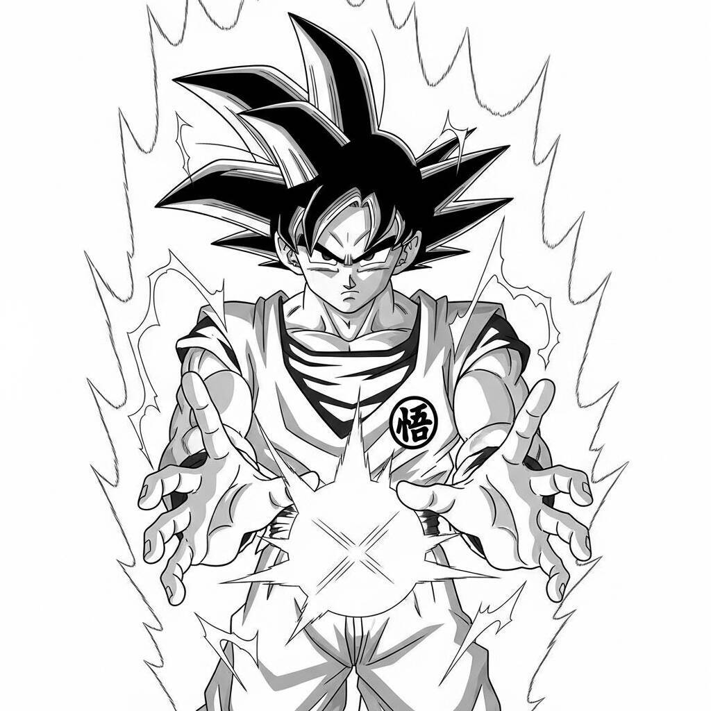 Imagem para colorir de Goku em forma Super Saiyan com aura ao redor.