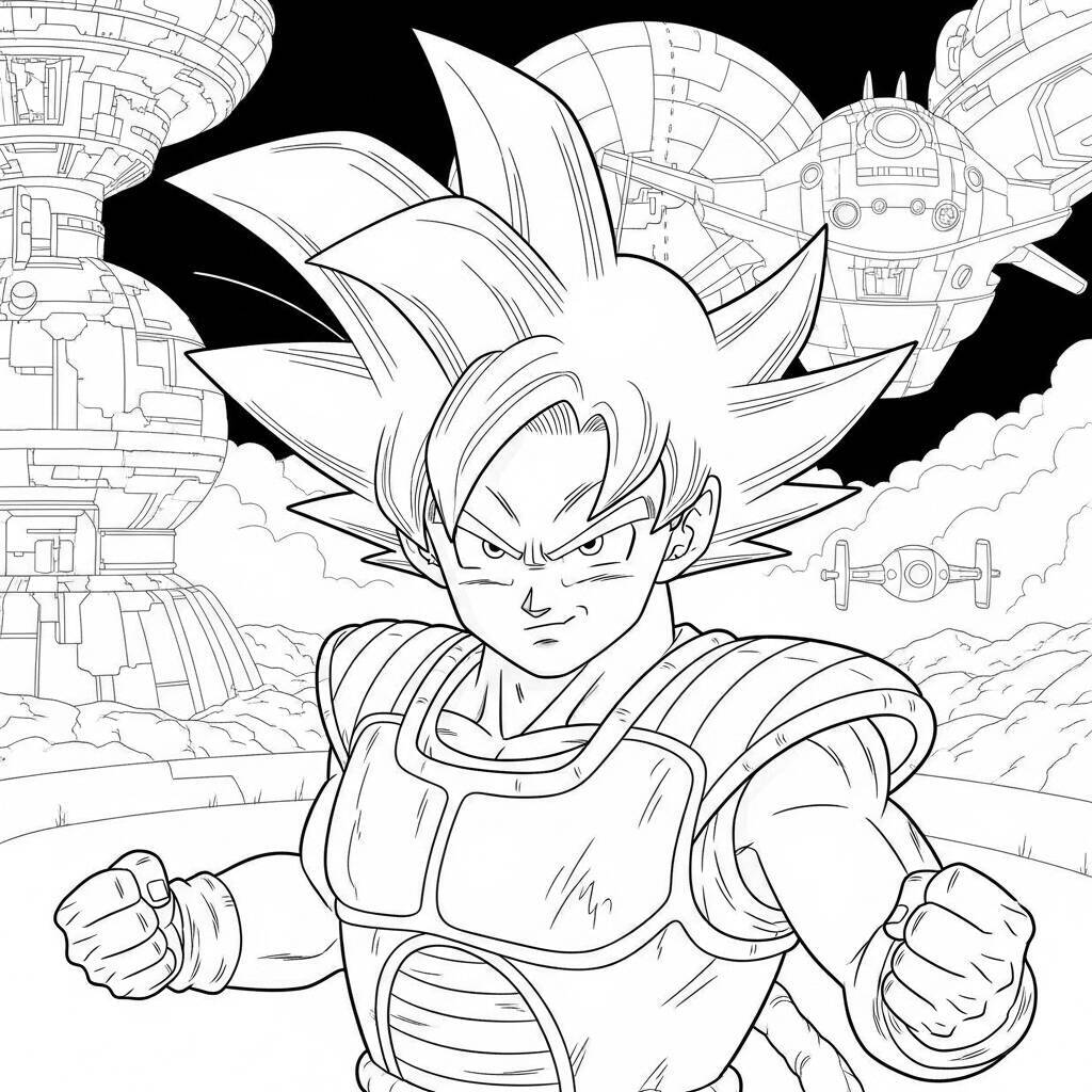 Imagem de Goku Super Saiyan em uma cena de batalha espacial para colorir.