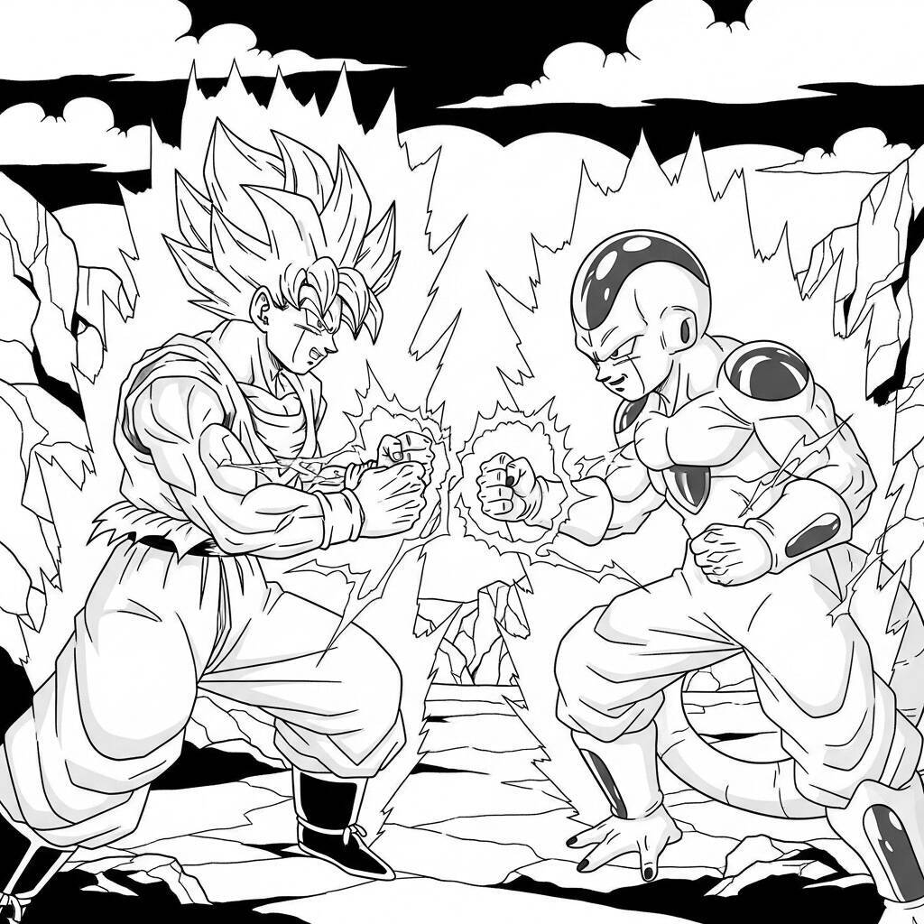 Imagem de Goku enfrentando Freeza em um cenário de batalha para colorir.
