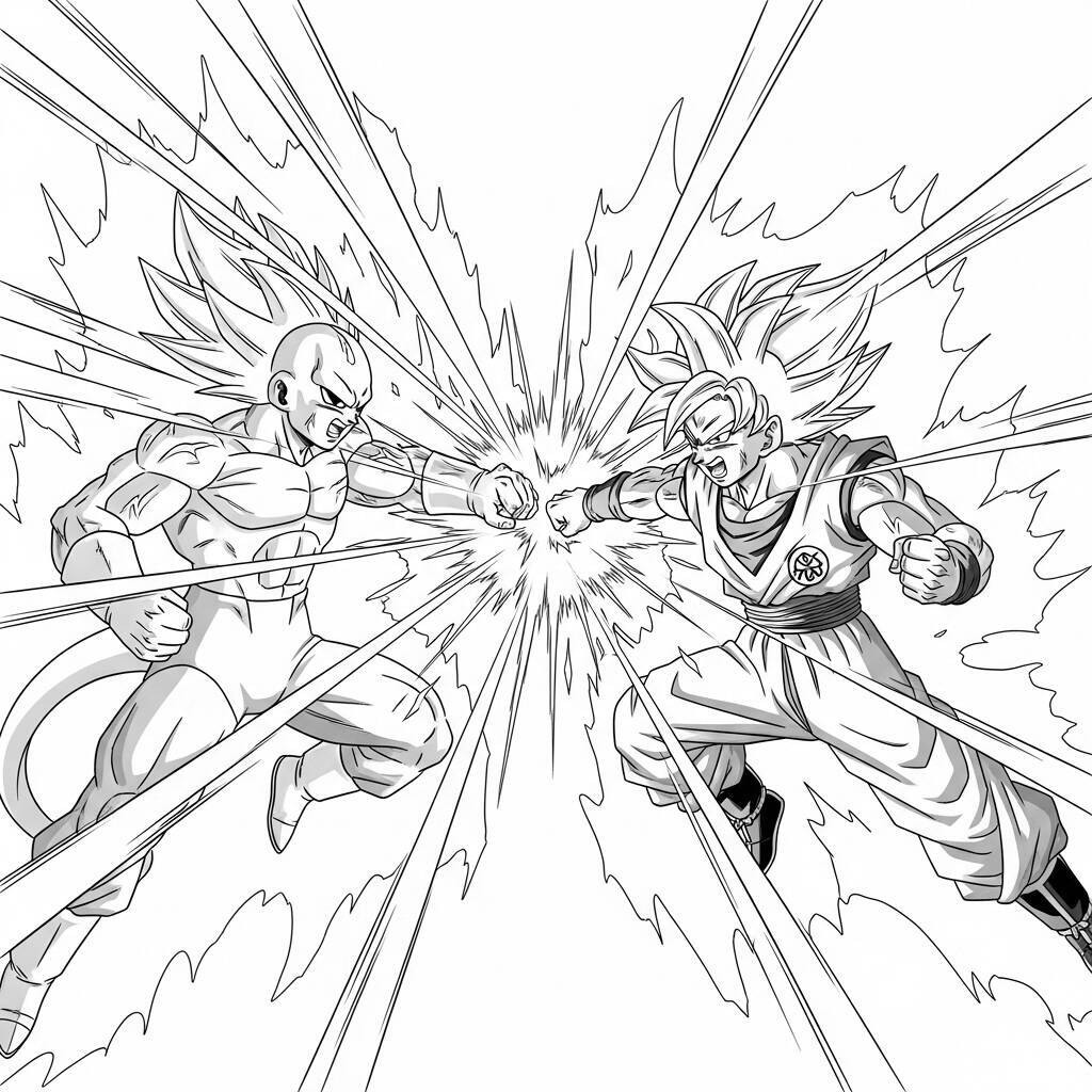 Imagem para colorir de Goku lutando contra Majin Buu