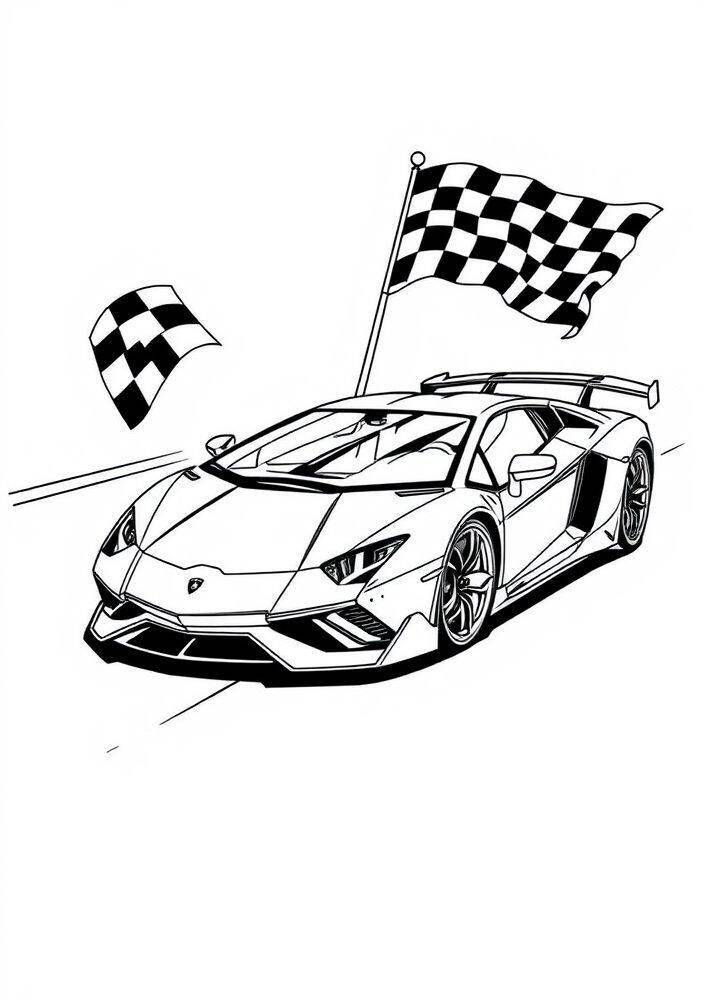 Desenho para colorir de uma Lamborghini Aventador com bandeira quadriculada