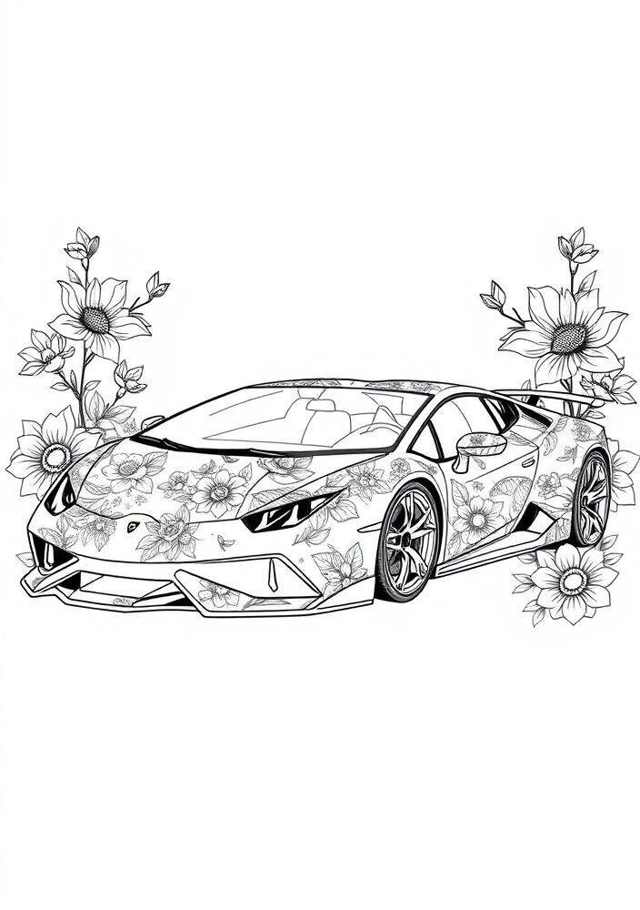 Desenho de uma Lamborghini Huracán com flores para colorir
