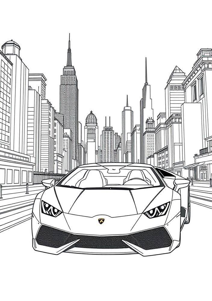 Desenho para colorir de uma Lamborghini Huracán em uma cidade moderna