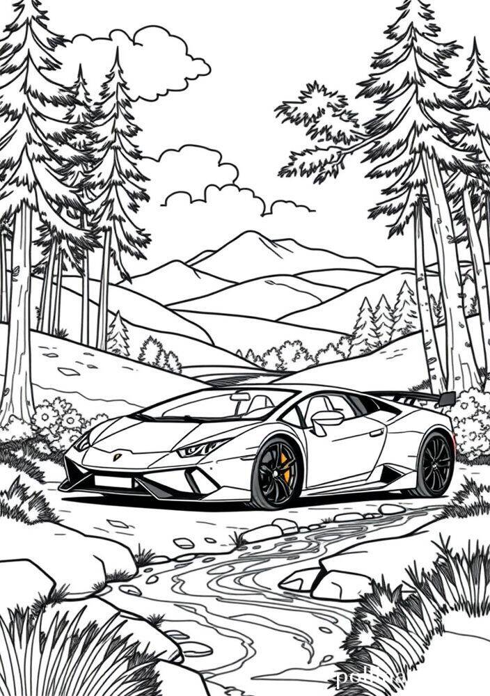 Desenho de uma Lamborghini Huracán em uma paisagem com árvores e montanhas para colorir