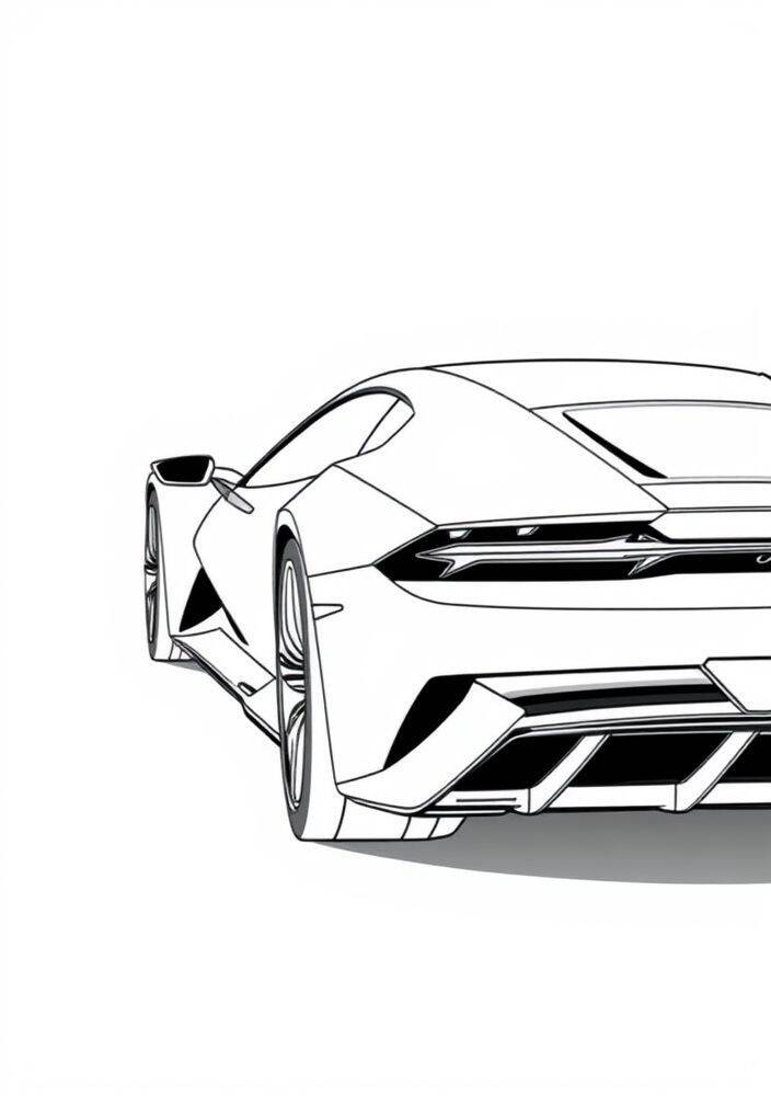 Desenho em linha de uma Lamborghini Huracán vista de trás para colorir