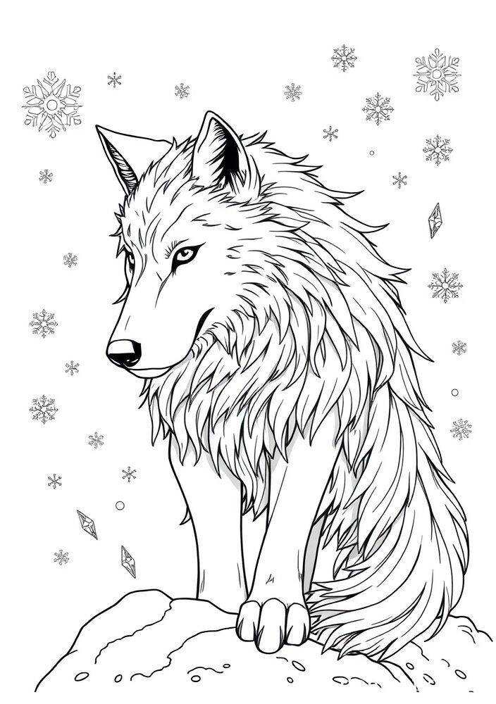 Desenho de um lobo da Frozen cercado por flocos de neve para colorir.