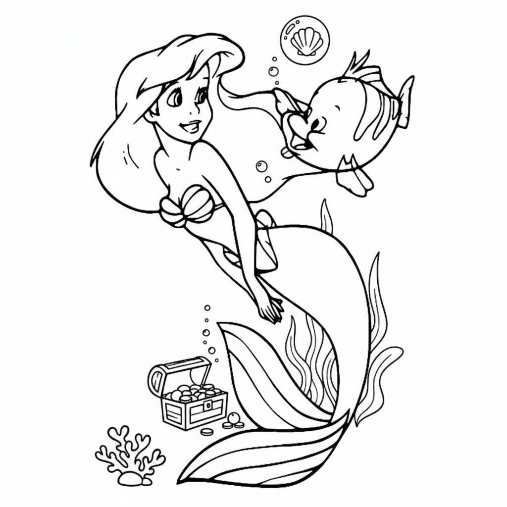 Desenho para colorir da Princesa Ariel e seu amigo peixe em um fundo marinho