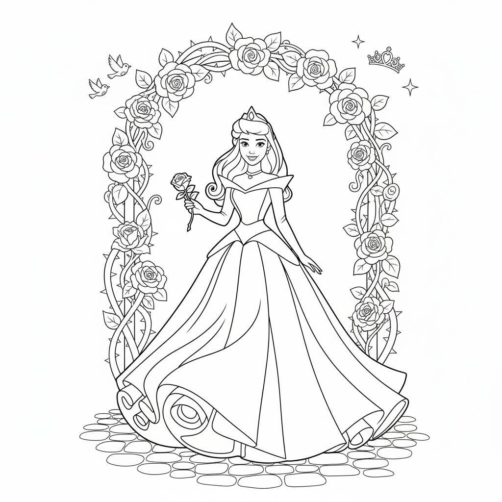 Desenho para colorir da Princesa Aurora cercada por rosas e um arco floral.