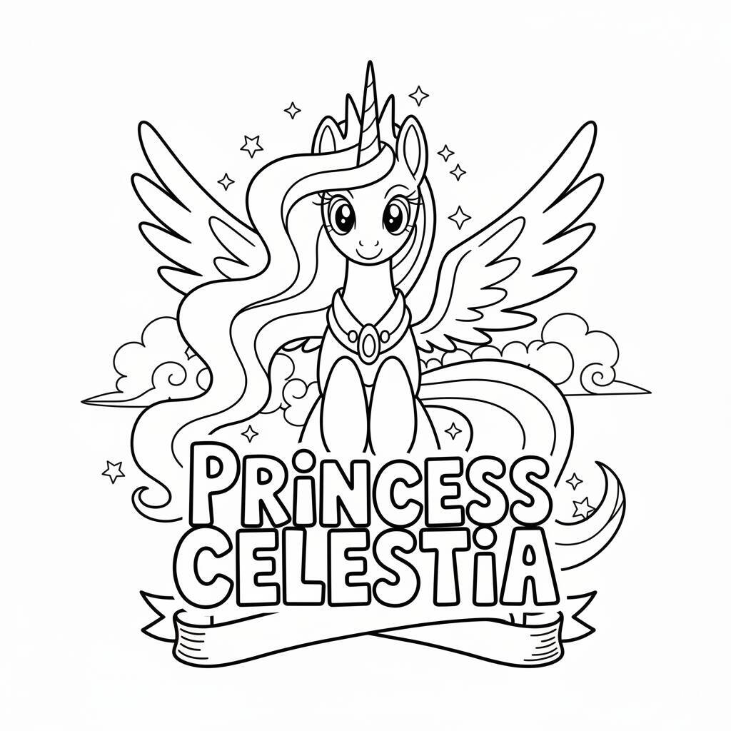 Desenho para colorir da Princesa Celestia com asas e cabelo longo