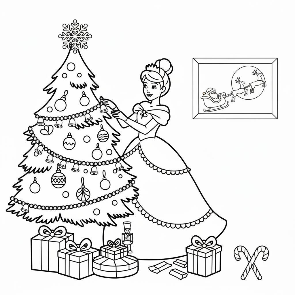 Princesa decorando uma árvore de Natal com presentes e enfeites.