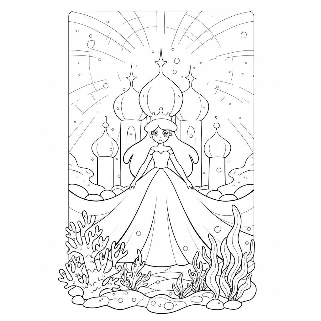 Desenho para colorir de uma princesa do mar em frente a um castelo subaquático
