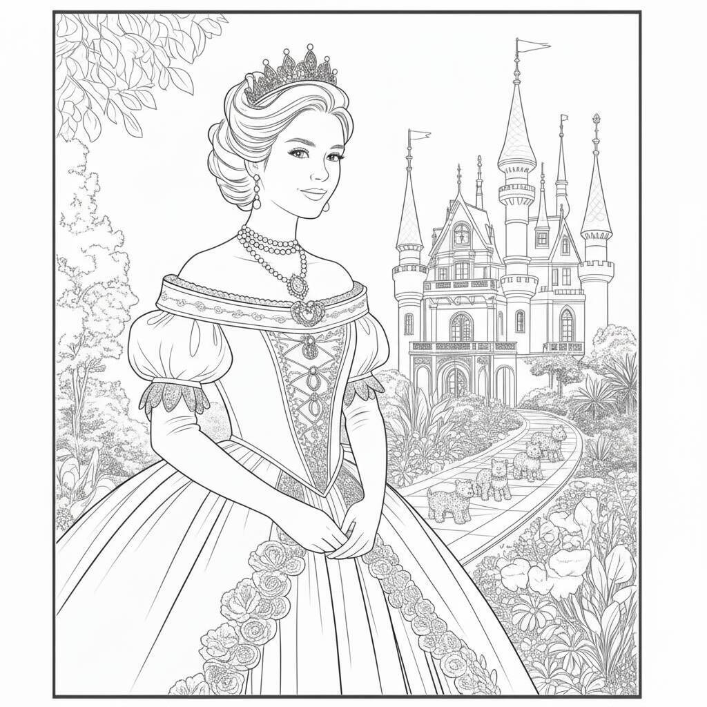 Desenho de uma princesa elegante em frente a um castelo encantado para colorir.