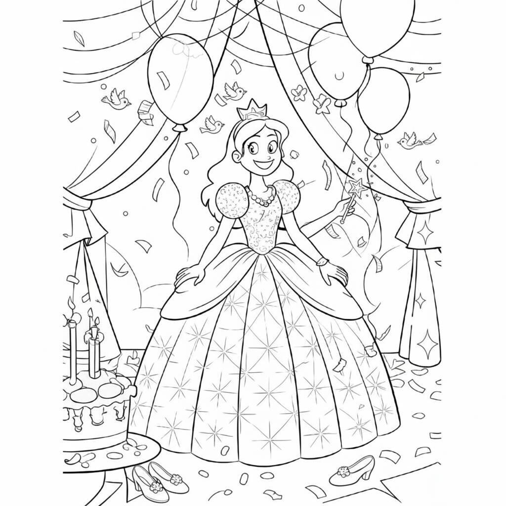 Desenho de uma princesa em uma festa de aniversário com balões e bolo para colorir.