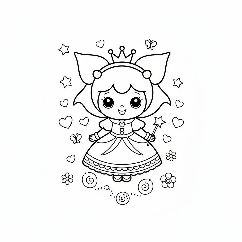 Desenho de uma princesa fofa com varinha mágica e elementos decorativos para colorir.