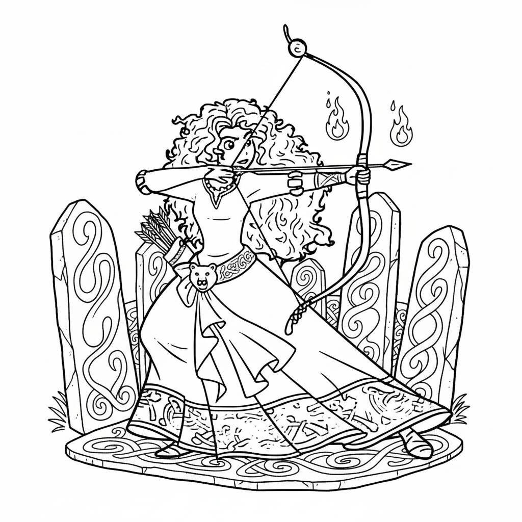 Desenho de uma princesa guerreira pronta para atirar com arco e flecha em um cenário mágico.