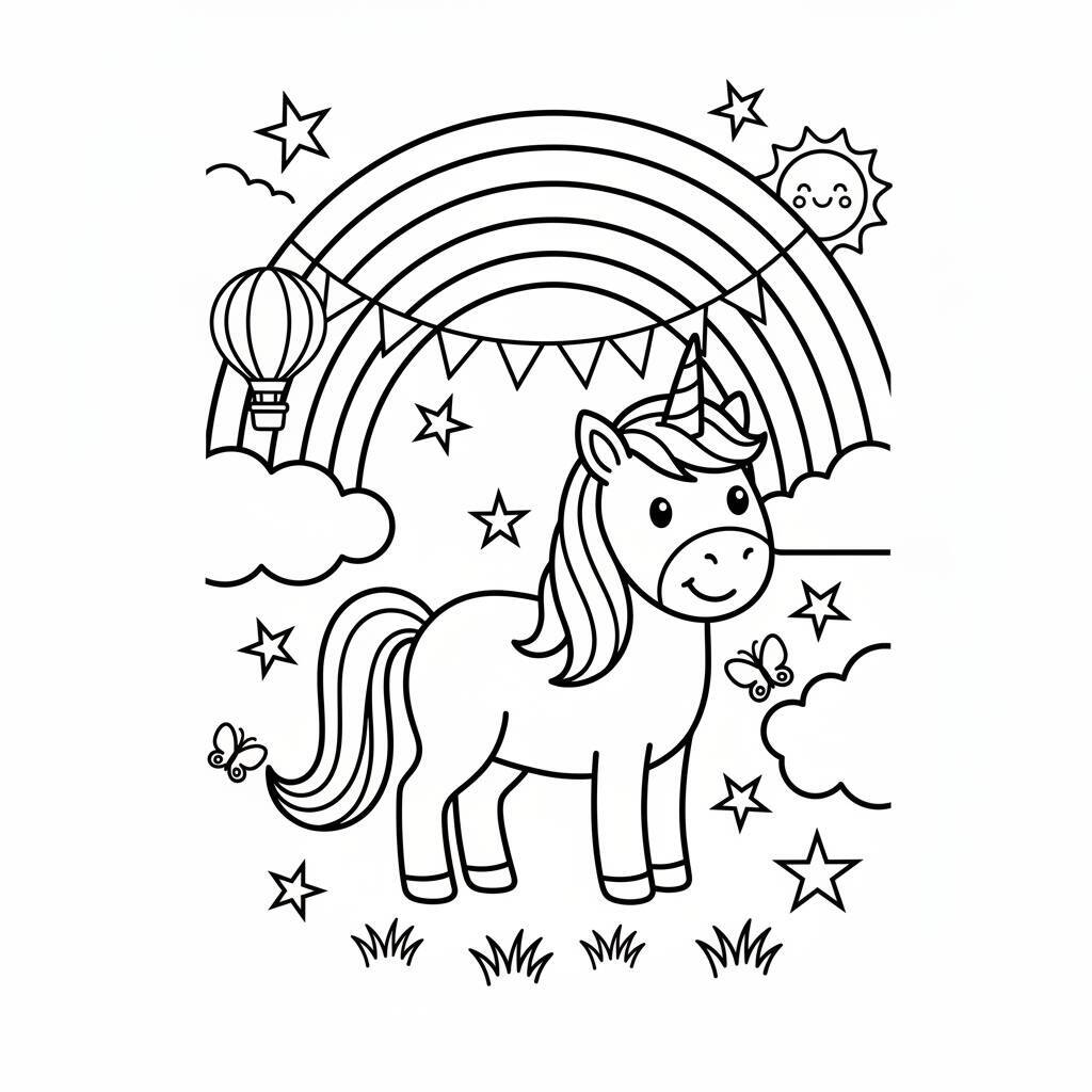 Desenho de um unicórnio com arco-íris, estrelas e nuvens para colorir.