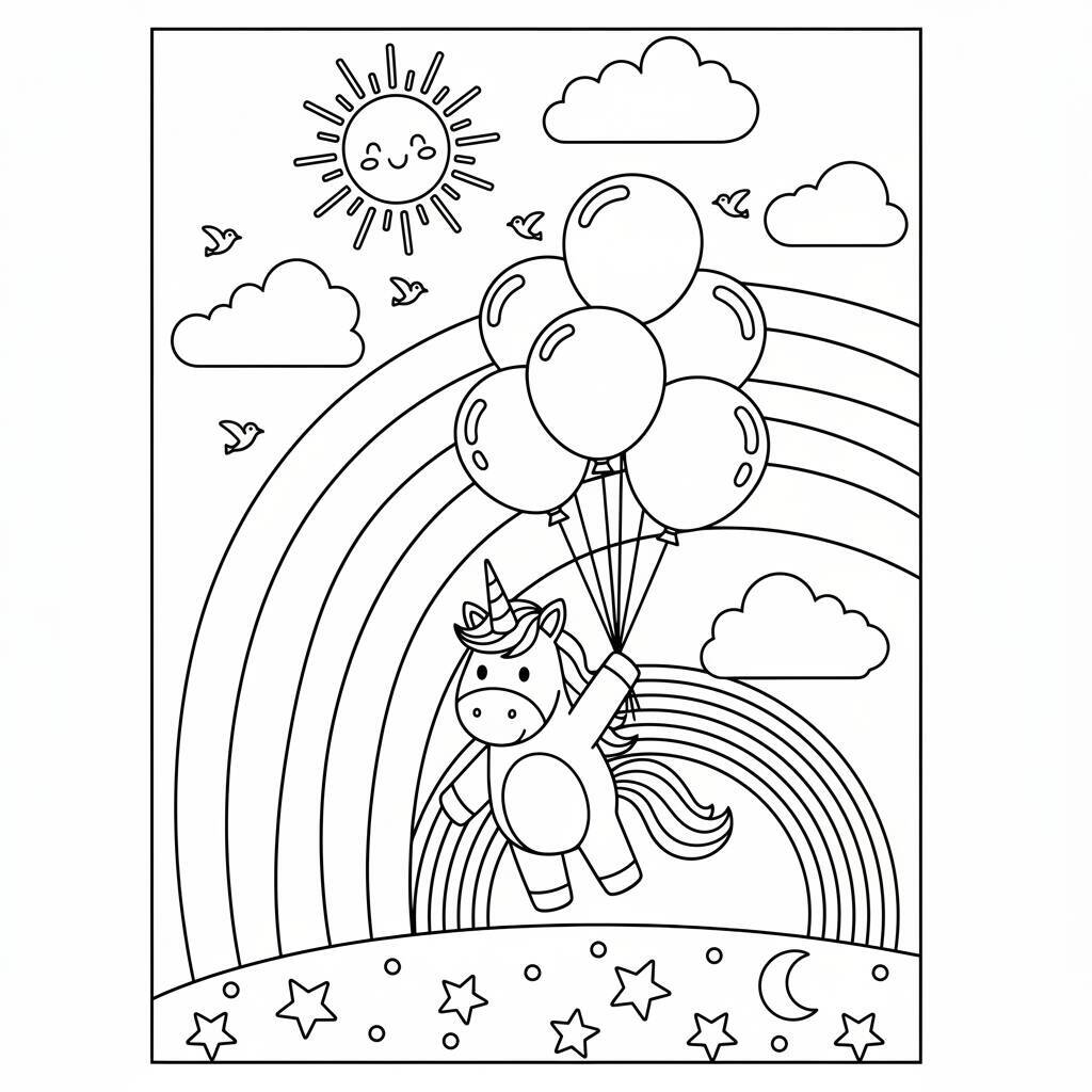 Desenho de um unicórnio segurando balões, com arco-íris e sol ao fundo.