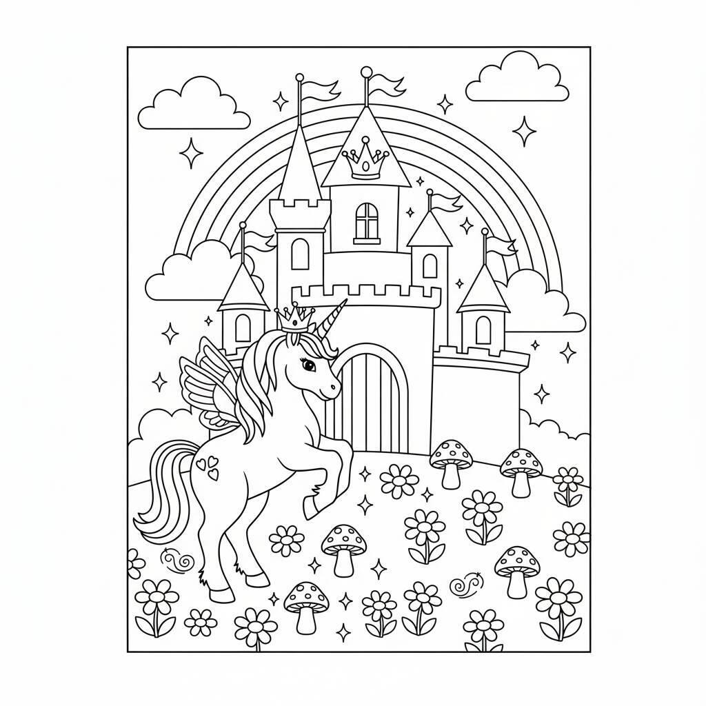 Desenho de um unicórnio com asas em frente a um castelo e um arco-íris.