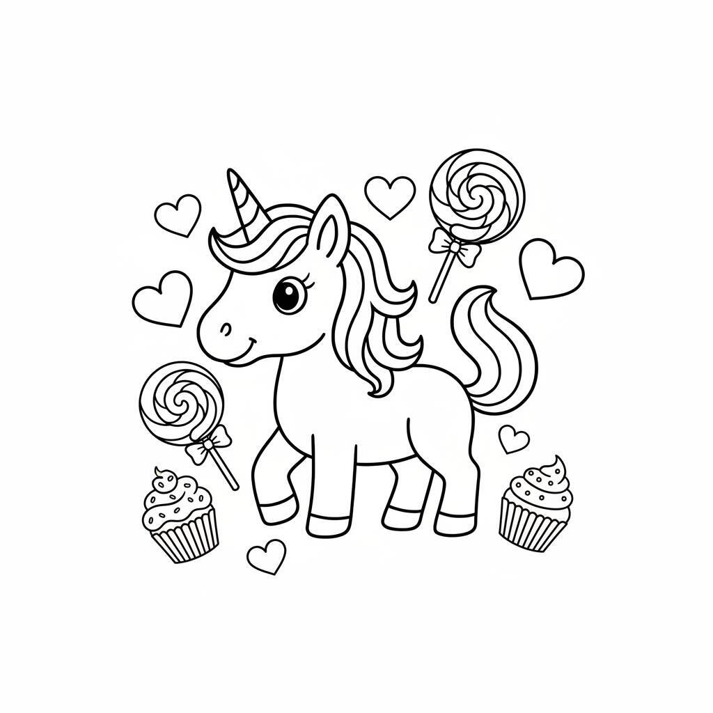 Desenho de um unicórnio fofo rodeado de doces e corações para colorir.