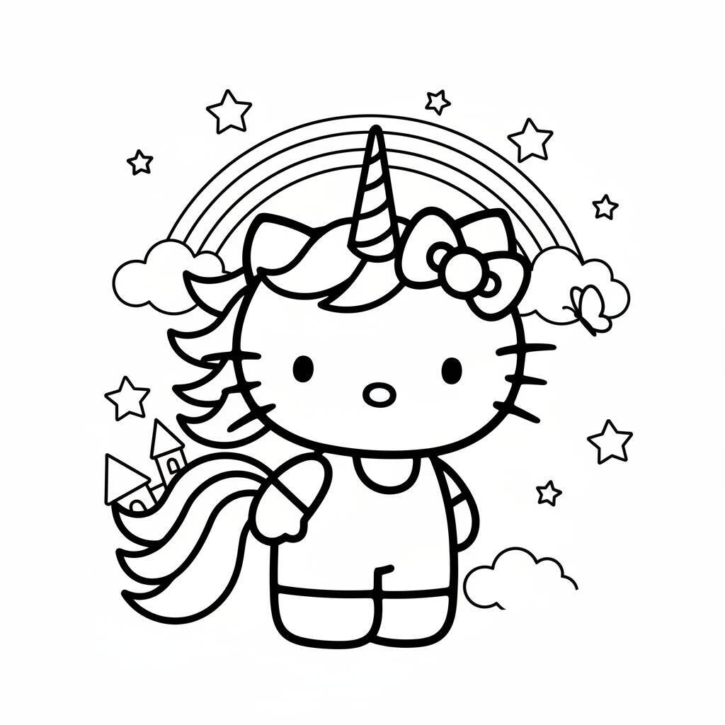 Desenho de um unicórnio fofo com arco-íris e estrelas para colorir