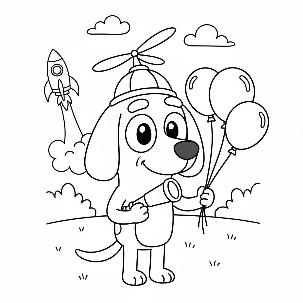 Cachorrinho segurando balões com um foguete ao fundo para colorir.