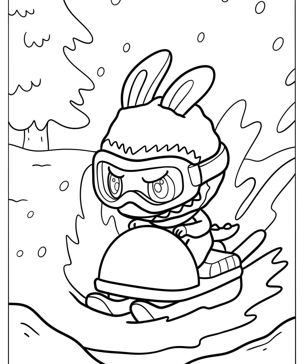 Desenho do Labubu em um trenó na neve, pronto para colorir