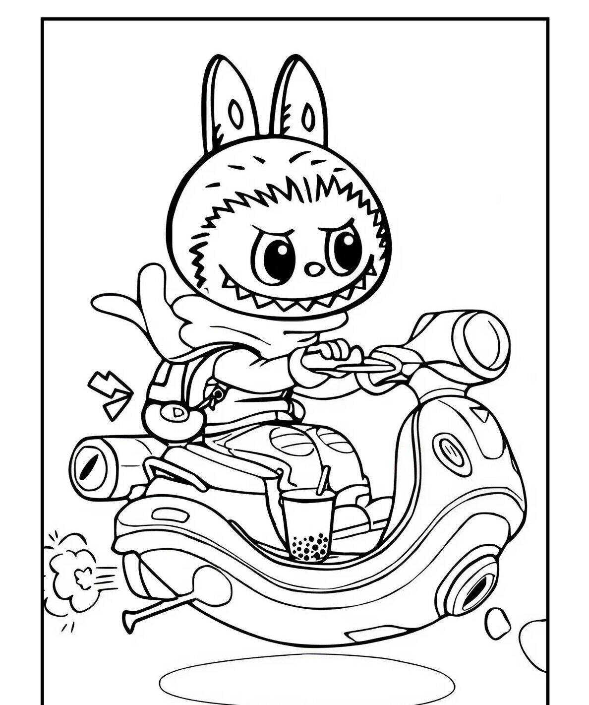 Desenho do Labubu em um patinete, pronto para ser colorido