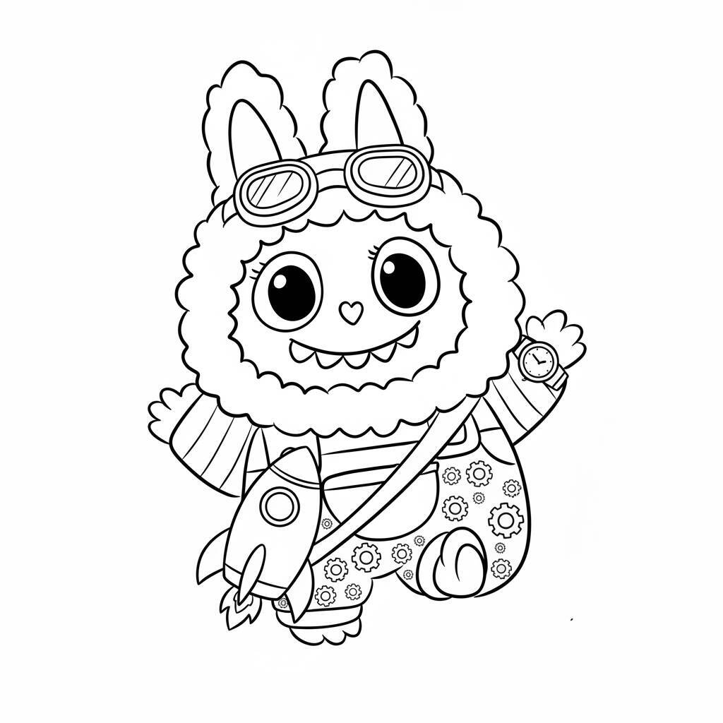 Desenho do Labubu vestido de aventureiro segurando um foguete para colorir