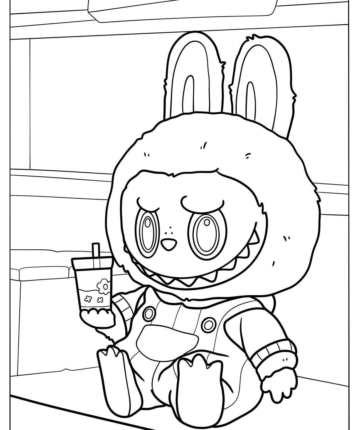 Desenho do Labubu com um copo de suco para colorir