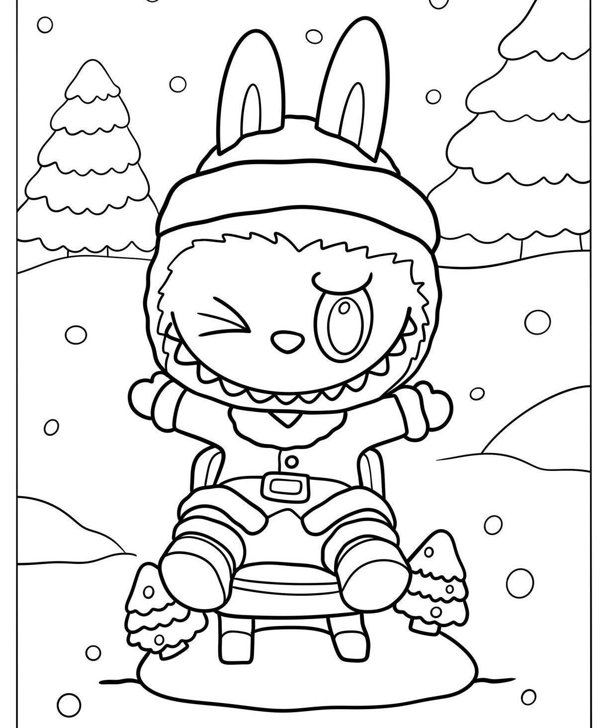 Desenho do Labubu vestido de coelho brincando na neve