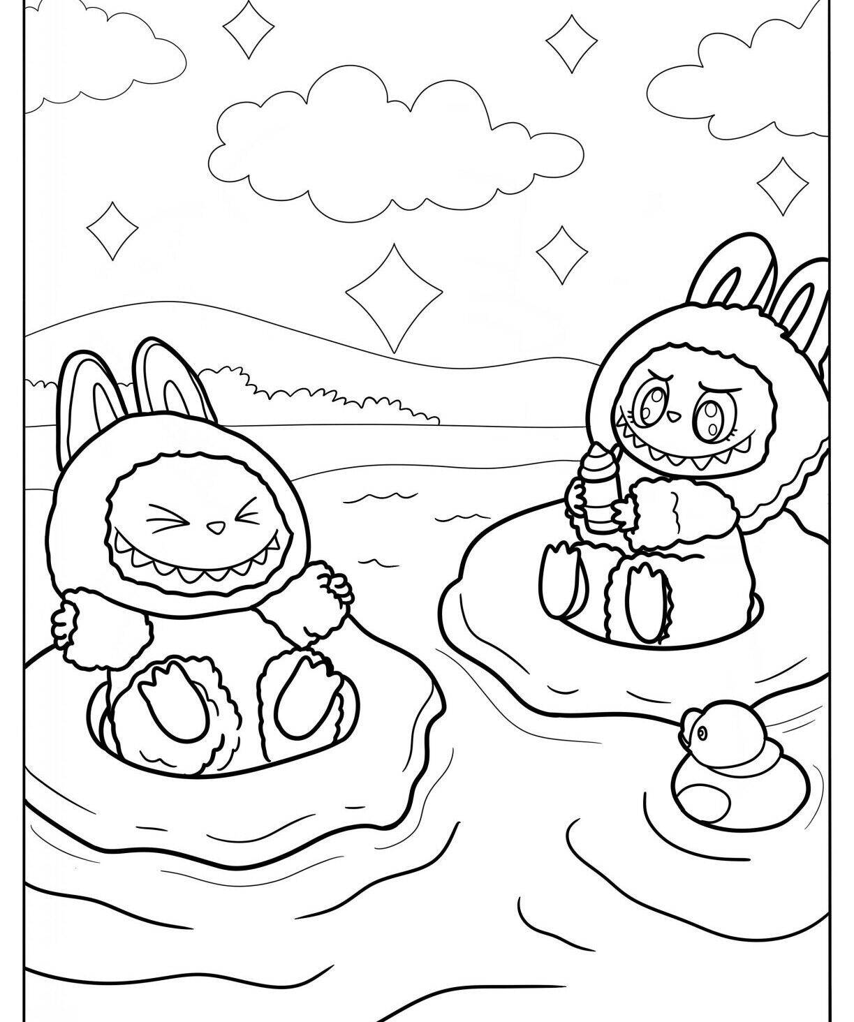 Desenho do Labubu e amigo brincando em um lago congelado