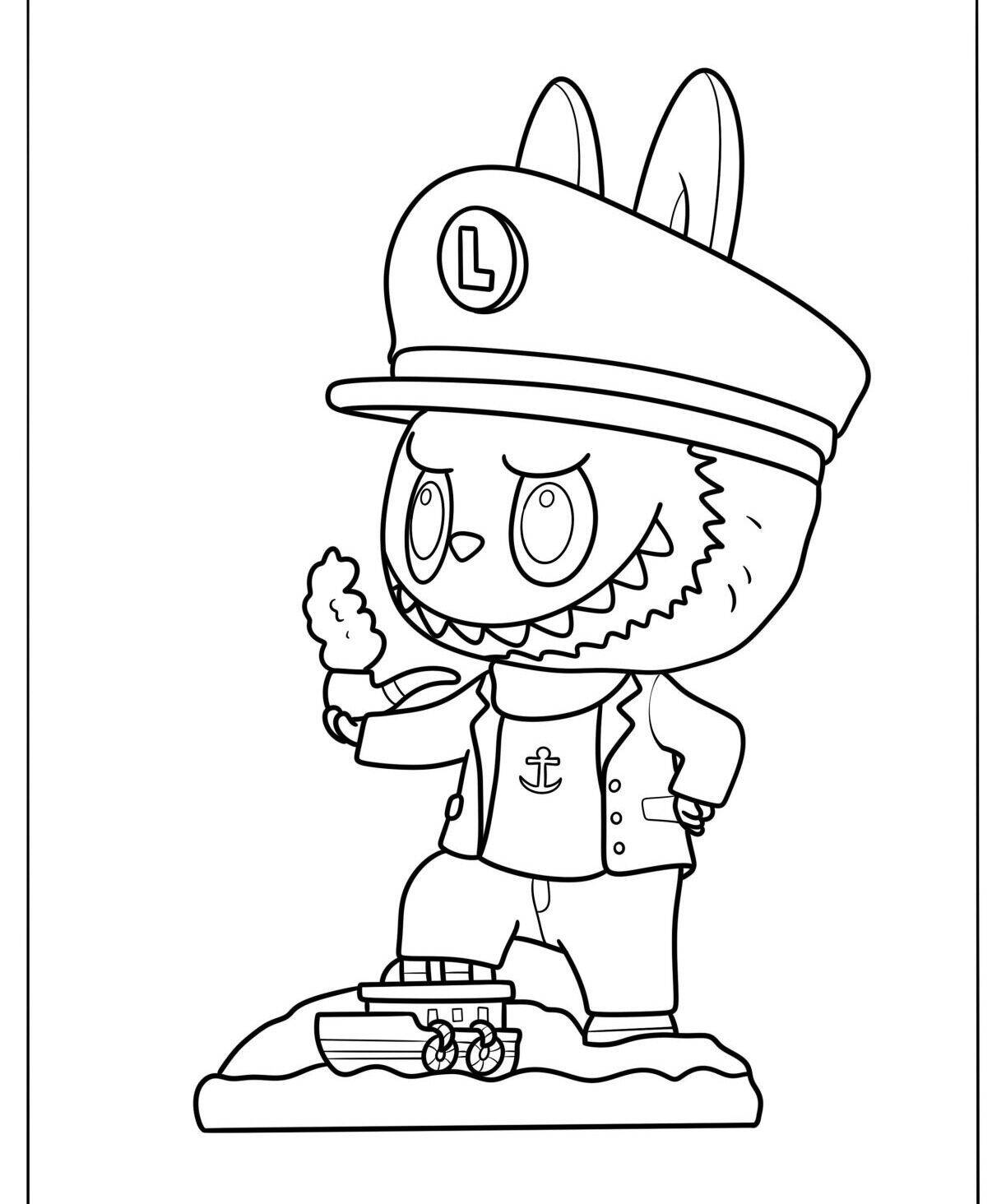 Desenho do Labubu vestido de capitão segurando um sorvete para colorir