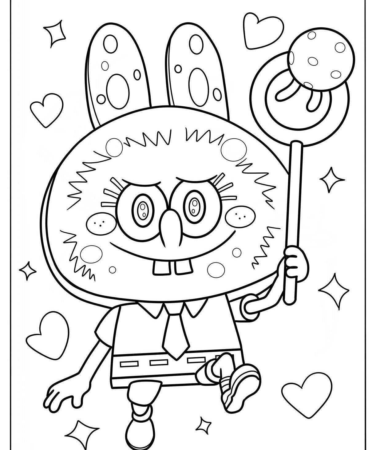 Desenho do Labubu segurando um bastão mágico, rodeado de corações para colorir.