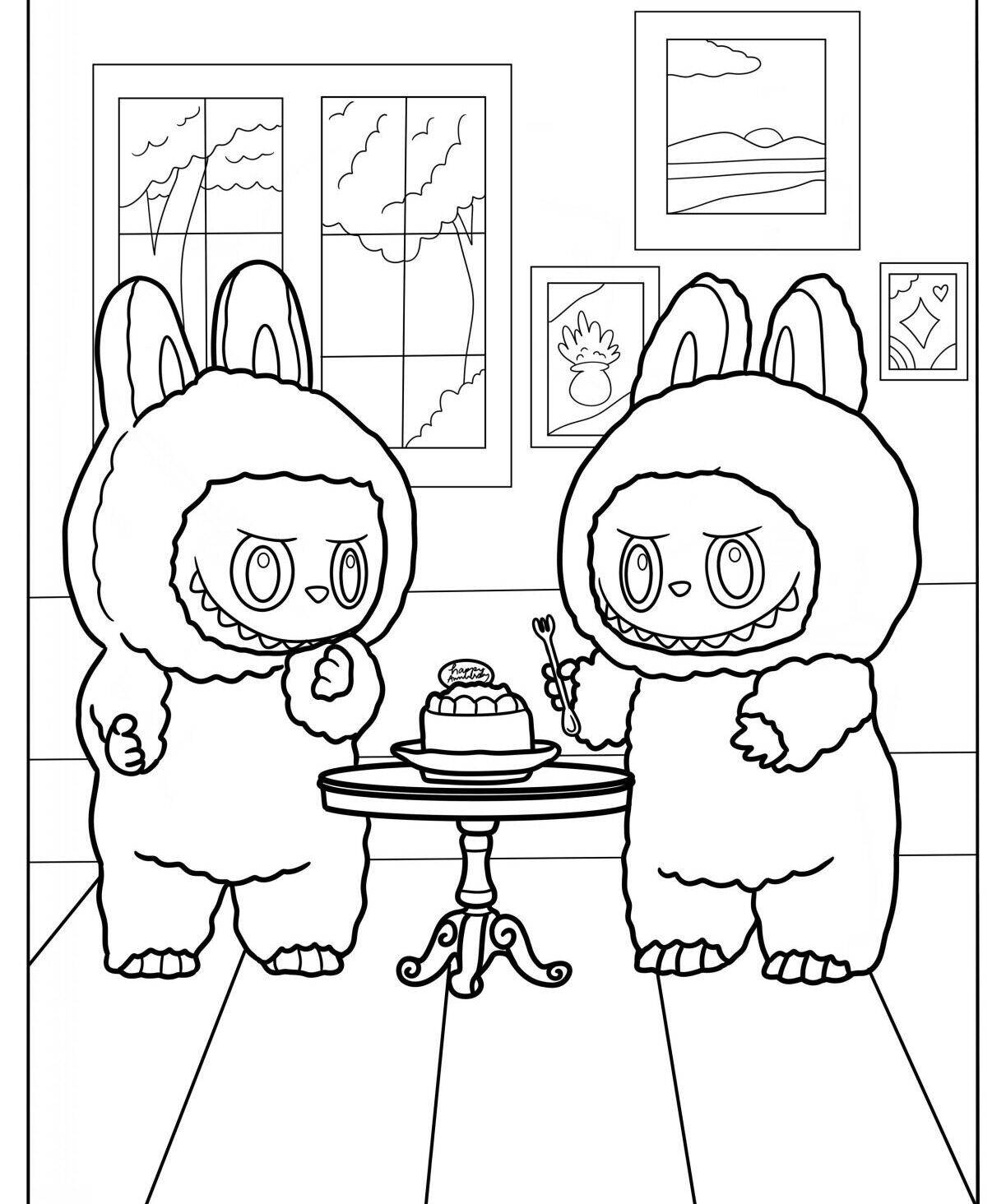 Desenho do Labubu e amigo com bolo em uma mesa para colorir