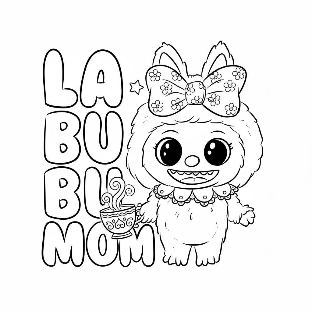 Desenho do Labubu segurando uma caneca quente para colorir
