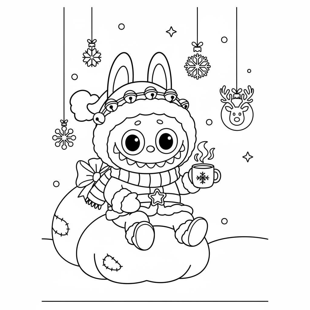 Desenho do Labubu segurando uma caneca quente em um cenário de inverno