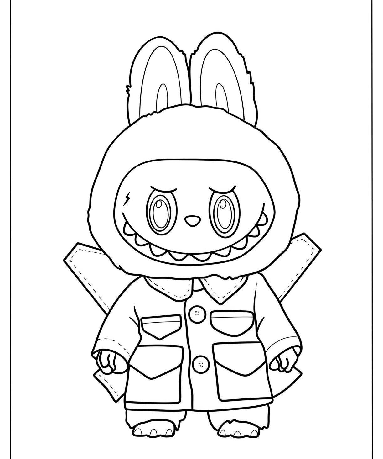 Desenho do Labubu vestido com casaco e capuz para colorir
