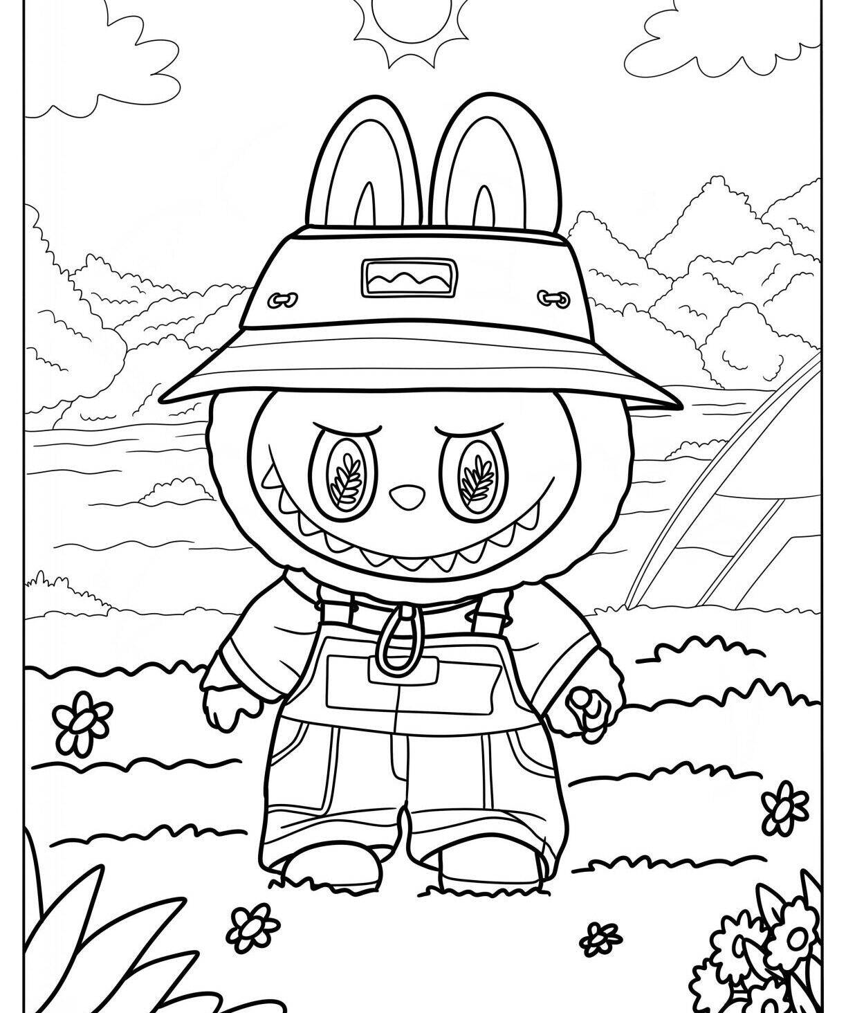 Desenho do Labubu com chapéu de aventura em um cenário natural