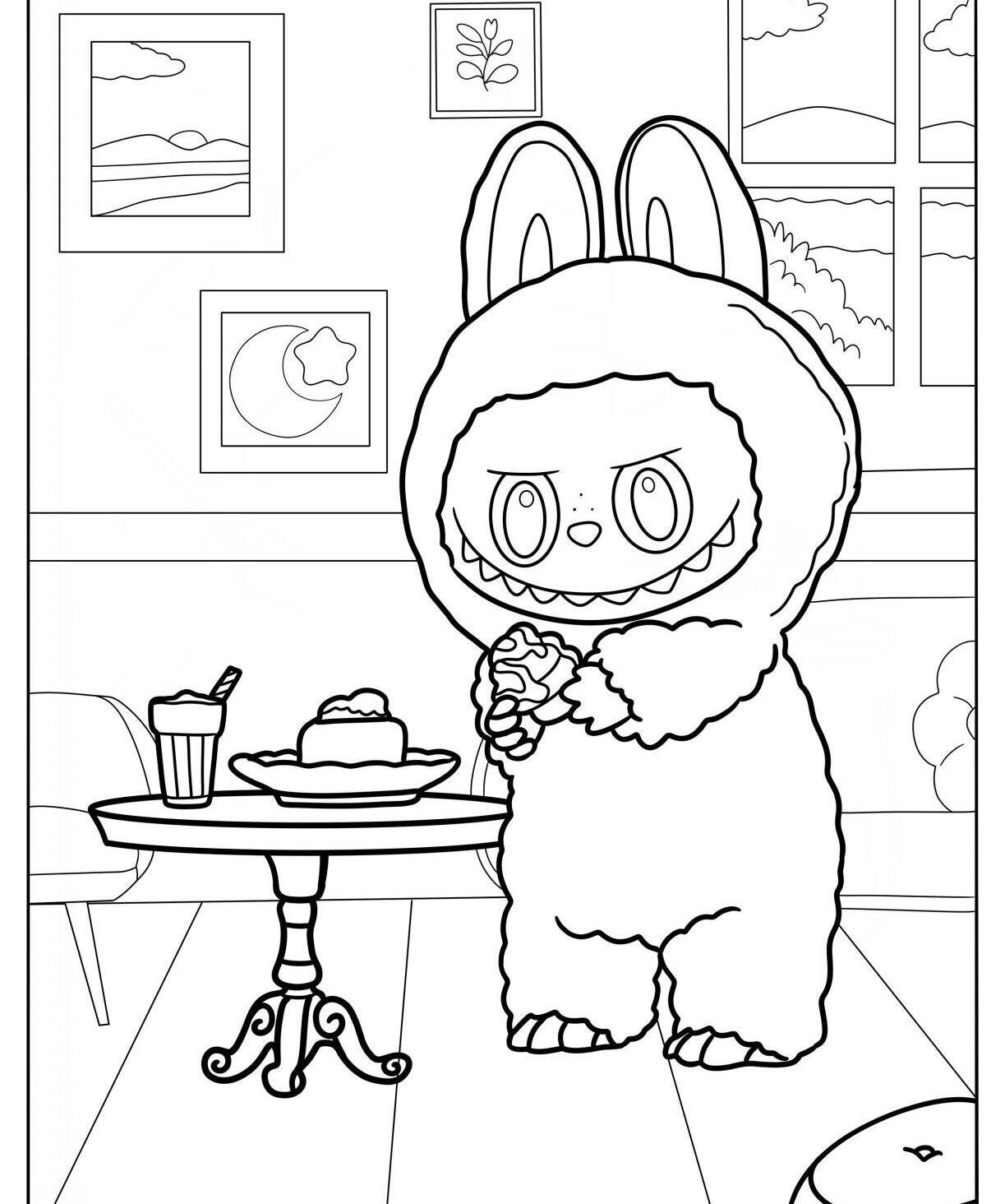 Desenho para colorir do Labubu segurando um doce em um ambiente aconchegante