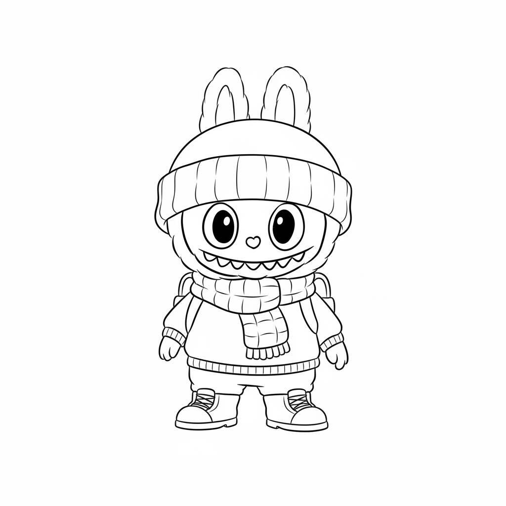 Desenho em preto e branco do Labubu usando gorro e cachecol, pronto para ser colorido.