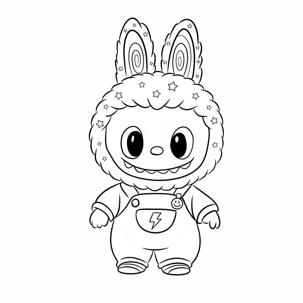 Desenho do Labubu com orelhas de coelho e macacão para colorir