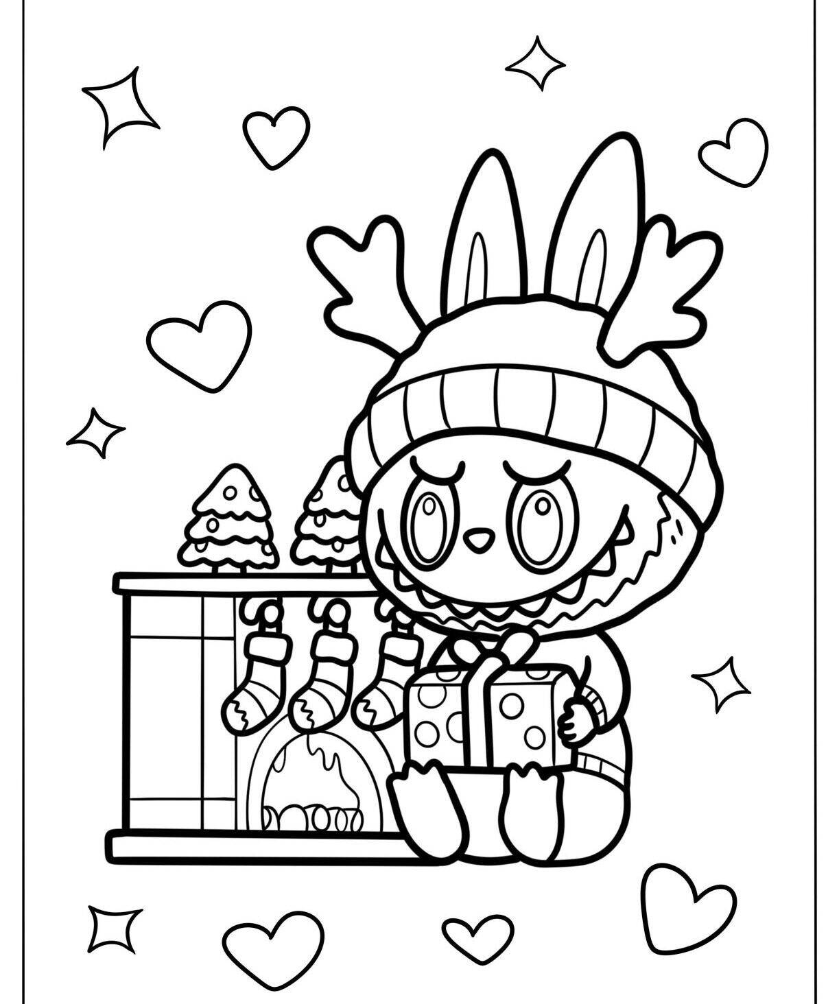 Desenho do Labubu com um presente e lareira decorada para colorir