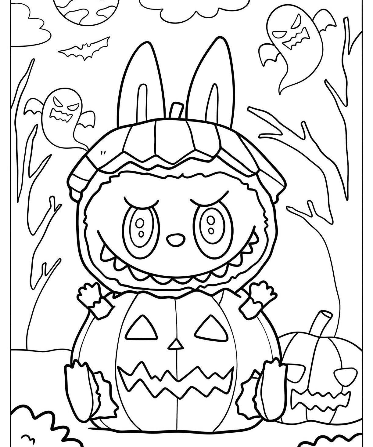 Desenho do Labubu vestido de Halloween com abóbora e fantasmas para colorir