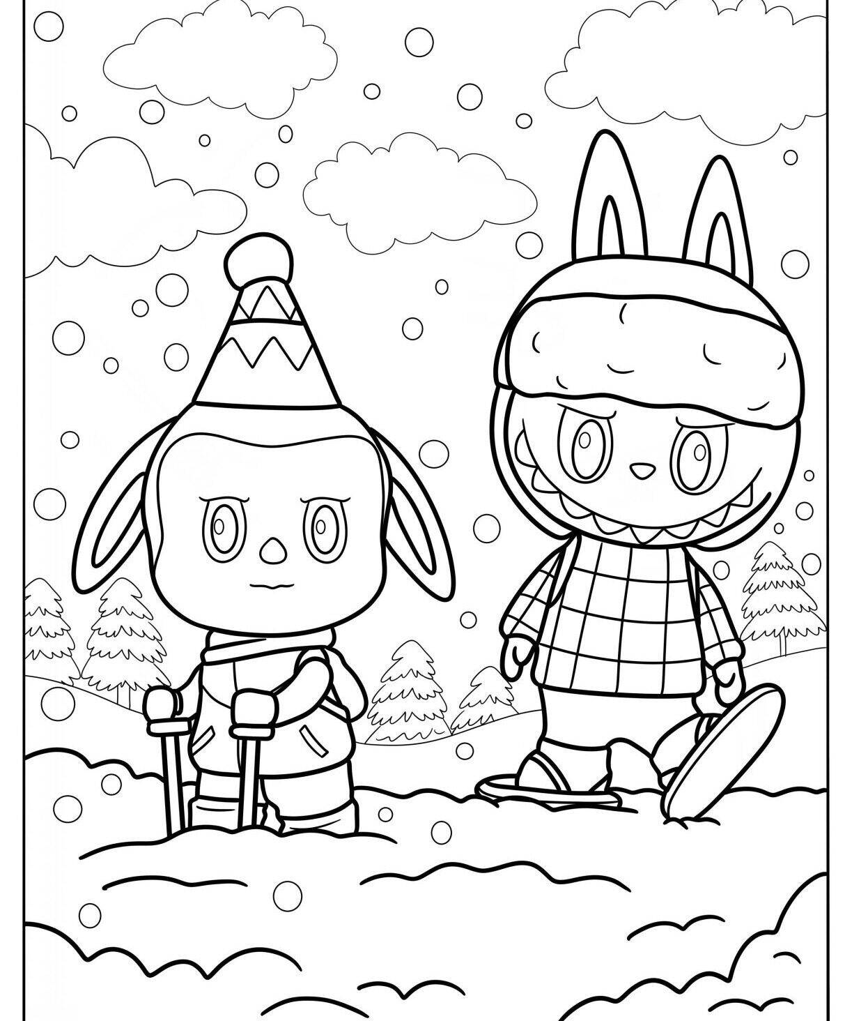 Desenho do Labubu e seu amigo em um cenário de inverno com neve